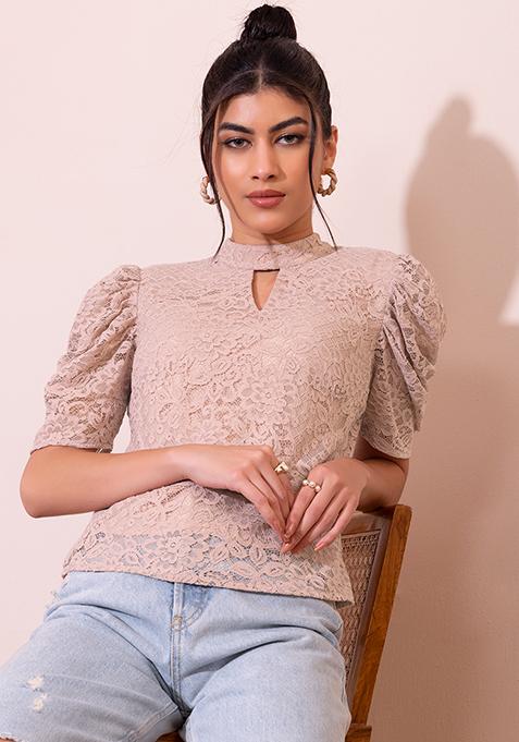 Light Pink Keyhole Neck Lace Top