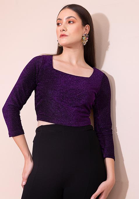 Purple Square Neck Shimmer Crop Top