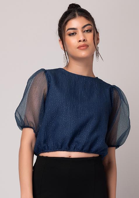 Blue Puff Sleeve Crop Top