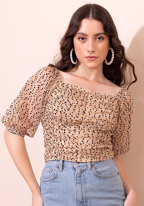 Beige Flock Print Crop Top