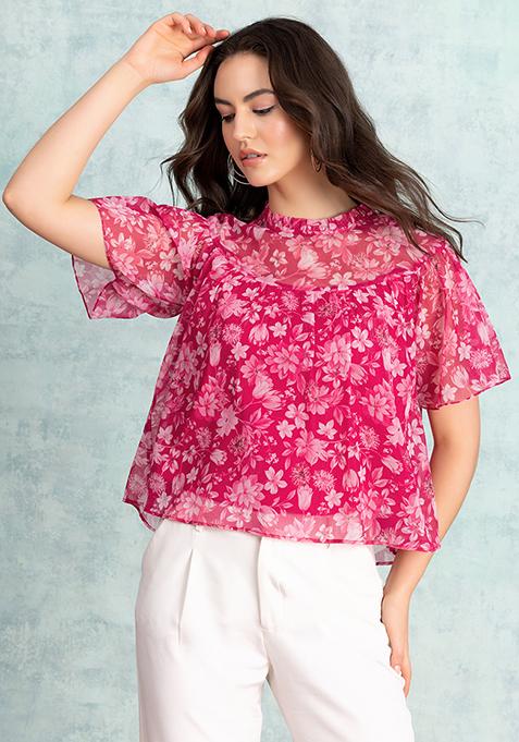 Pink Gathered Sleeve High Neck Blouse