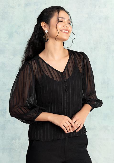 Black V-Neck Blouse With Camisole