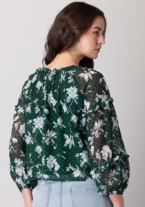 Buy Women Green Floral Print Full Sleeve Blouse - AW '23 Online India ...