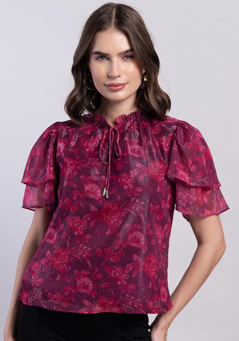 Pink Floral Print Flared Sleeve Blouse