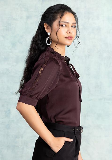 Maroon V-Neck Tie Up Blouse