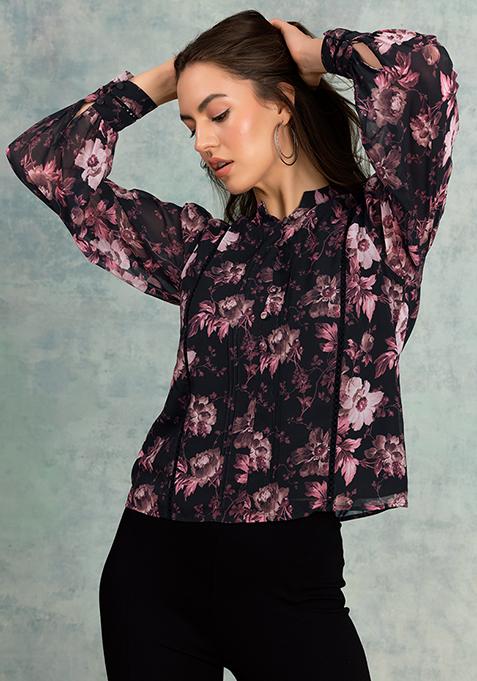 Black Floral Print V-Neck Shirt