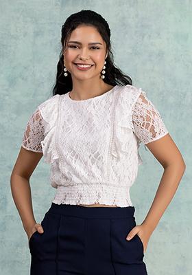 White Smocked Waist Lace Top