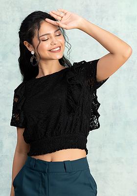 Black Smocked Waist Lace Top