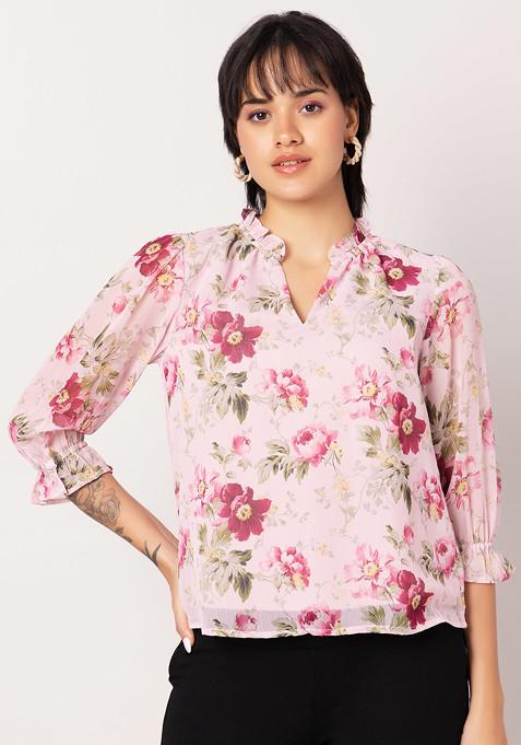 Light Pink Floral Print V-Neck Blouse