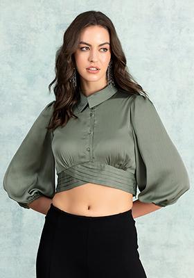 Olive Green Collared Crop Top