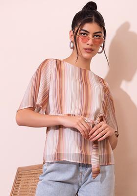 White And Brown Striped Blouse With Belt