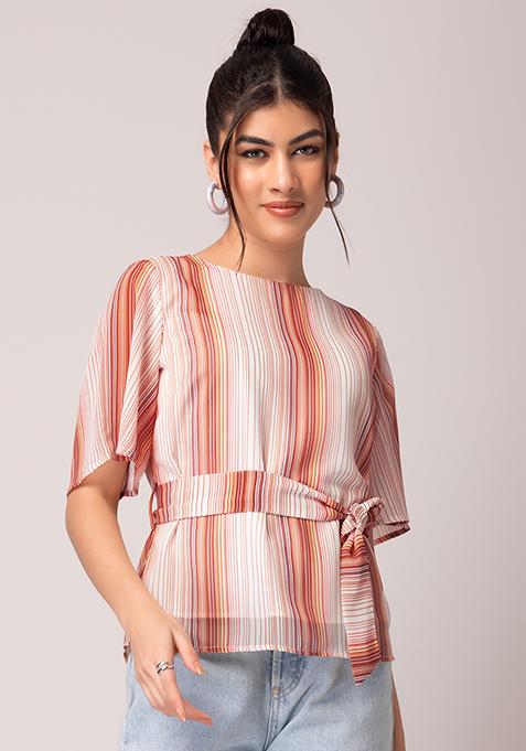 Buy Women White And Brown Striped Blouse With Belt - AW '23 Online ...