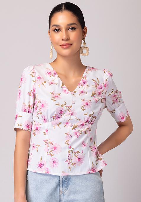 Buy Women White Floral Print Button Down Top - Honeymoon Dress Online ...