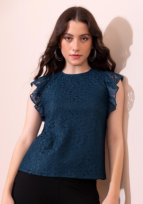 Buy Women Teal Blue Ruffle Sleeve Lace Top - AW '23 Online India - FabAlley