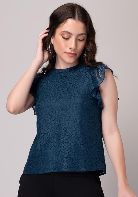 Buy Women Teal Blue Ruffle Sleeve Lace Top - Tops Online India - FabAlley