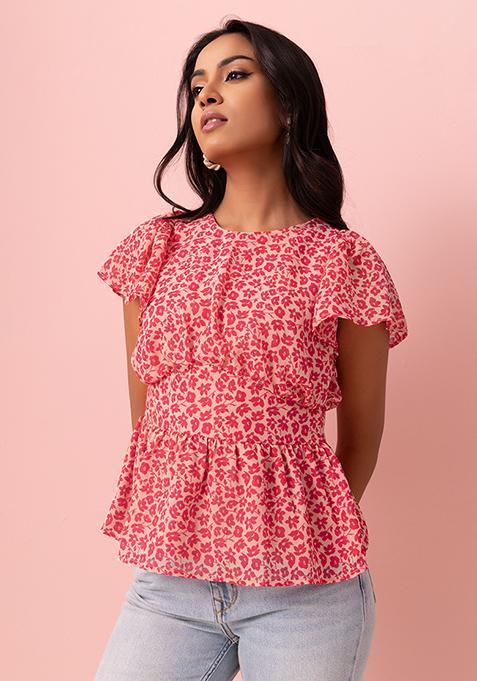 Pink Printed Ruffle Sleeve Peplum Top