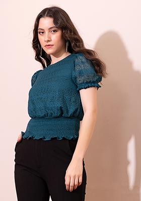 Teal Blue Smocked Waist Lace Crop Top