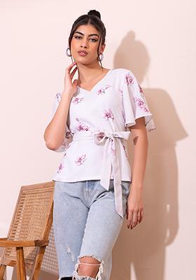 White Floral Print Flared Sleeve Top With Belt