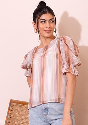 White And Brown Striped Puff Sleeve Top