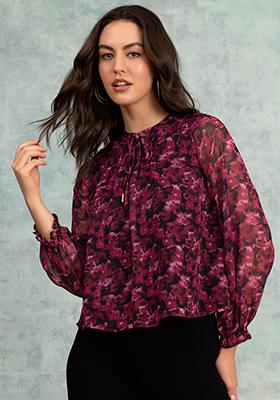 Pink Abstract Print Full Sleeve Pleated Blouse