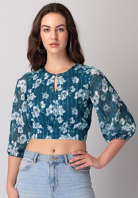 Buy Women Teal Blue Floral Print Crop Top - Crop Tops Online India ...