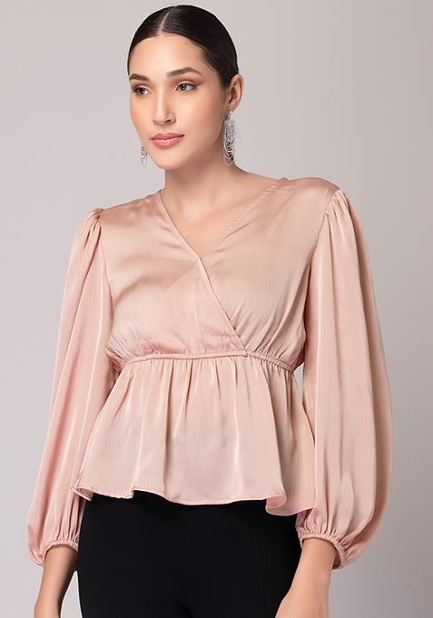 Buy Women Light Pink Wrap Peplum Top - AW '23 Online India - FabAlley