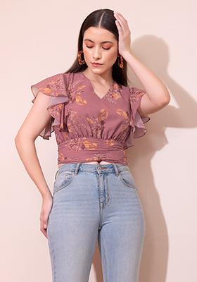 Dusty Pink Floral Print Ruffled Crop Top