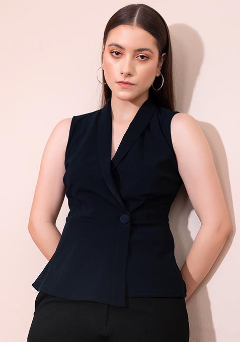 Navy Blue Notch Collar Wrap Top