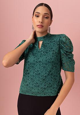 Teal Green Choker Neck Lace Blouse
