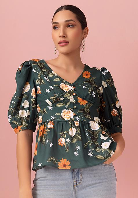 Green Floral Print V-Neck Peplum Blouse