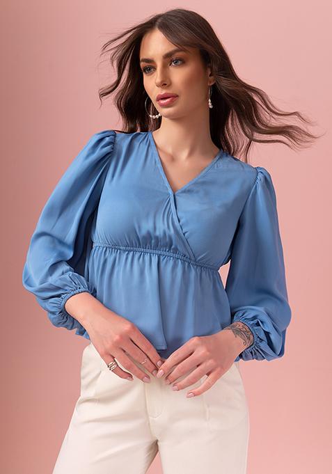 Blue Full Sleeve Satin Peplum Blouse