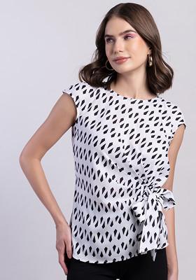 White Round Neck Side Tie Up Blouse