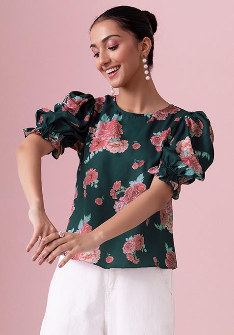 Teal Blue Floral Print Puff Sleeve Blouse