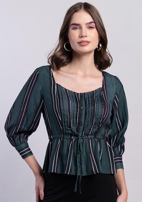 Green Striped Tie Up Waist Peplum Top