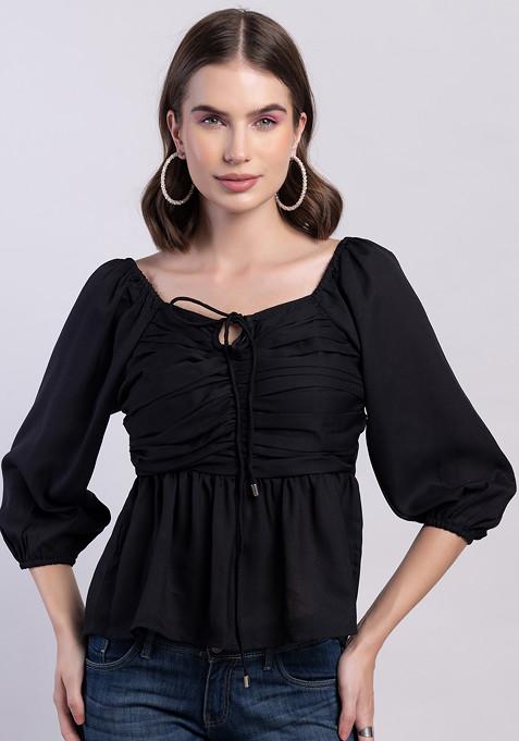 Black Neck Tie Up Ruched Peplum Top