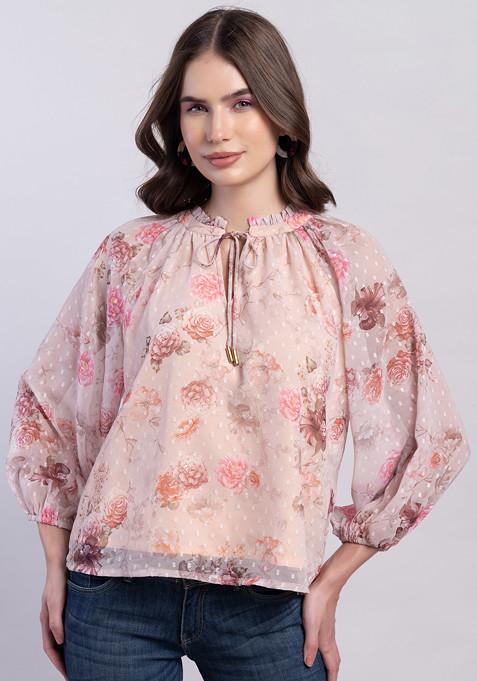 Peach Raglan Sleeve Front Tie Up Blouse