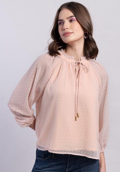 Dusty pink Raglan Sleeve Neck Tie Blouse