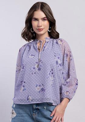 Lilac Raglan Sleeve Front Tie Up Blouse