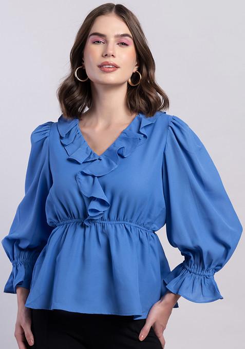 Blue Ruffled Neck Peplum Top