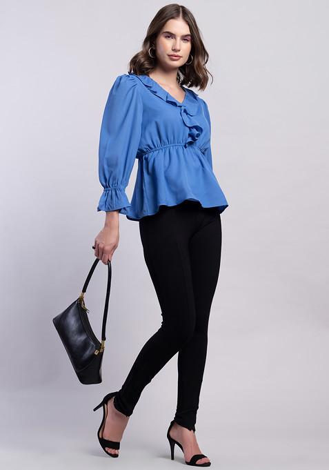 Women Royal Blue Side Knot Peplum Top