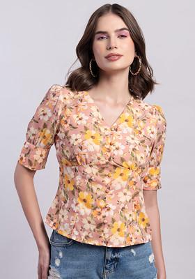 Peach Printed Front Button Blouse