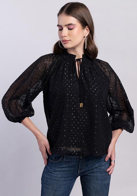 Black Raglan Sleeve Neck Tie Blouse