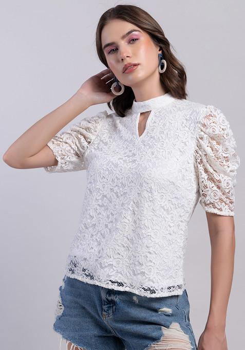 White Short Sleeve Lace Blouse