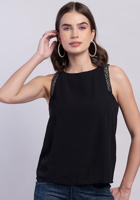 Black Wrinkled Embellished Top