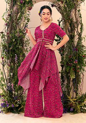 Hot Pink Printed Asymmetric Hem Kurta With Pants (Set of 2)