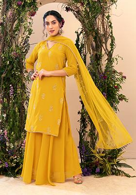 Mustard Yellow Sequin Embroidered Kurta With Pants And Dupatta (Set of 3)