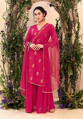 Hot Pink Sequin Embroidered Kurta With Palazzo Pants And Dupatta (Set of 3)
