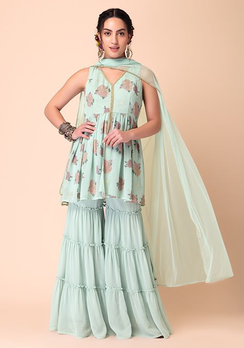 Buy Women Pastel Green Sharara With Printed Short Kurta And Dupatta 