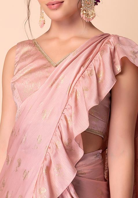 Ruffled Pre-Draped Pastel Pink Tulle Sequin Embellished Saree with Stitched blouse main image 1