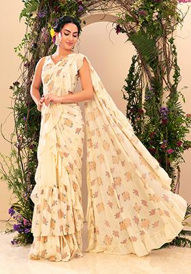 Ivory Boota Print Ruffled Pre-Stitched Saree With Blouse (Set of 2)